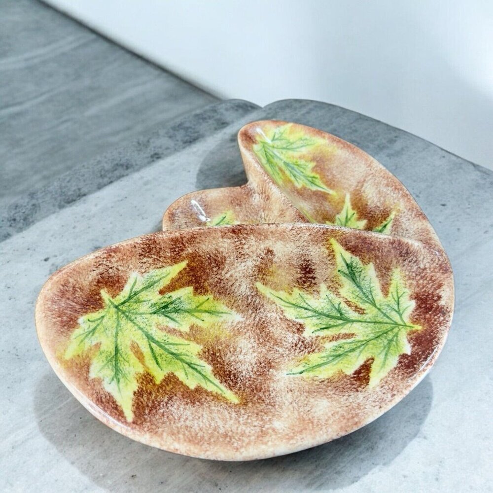 Vintage 1980s Ceramic‎ Hand Painted Centerpiece Dish Ashtray Brown Green Leafs